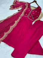 Lorenvalley Fashion Pink Mul Chanderi with Beads Thread Embroidered work Kurta Pant with Dupatta | Grocsy