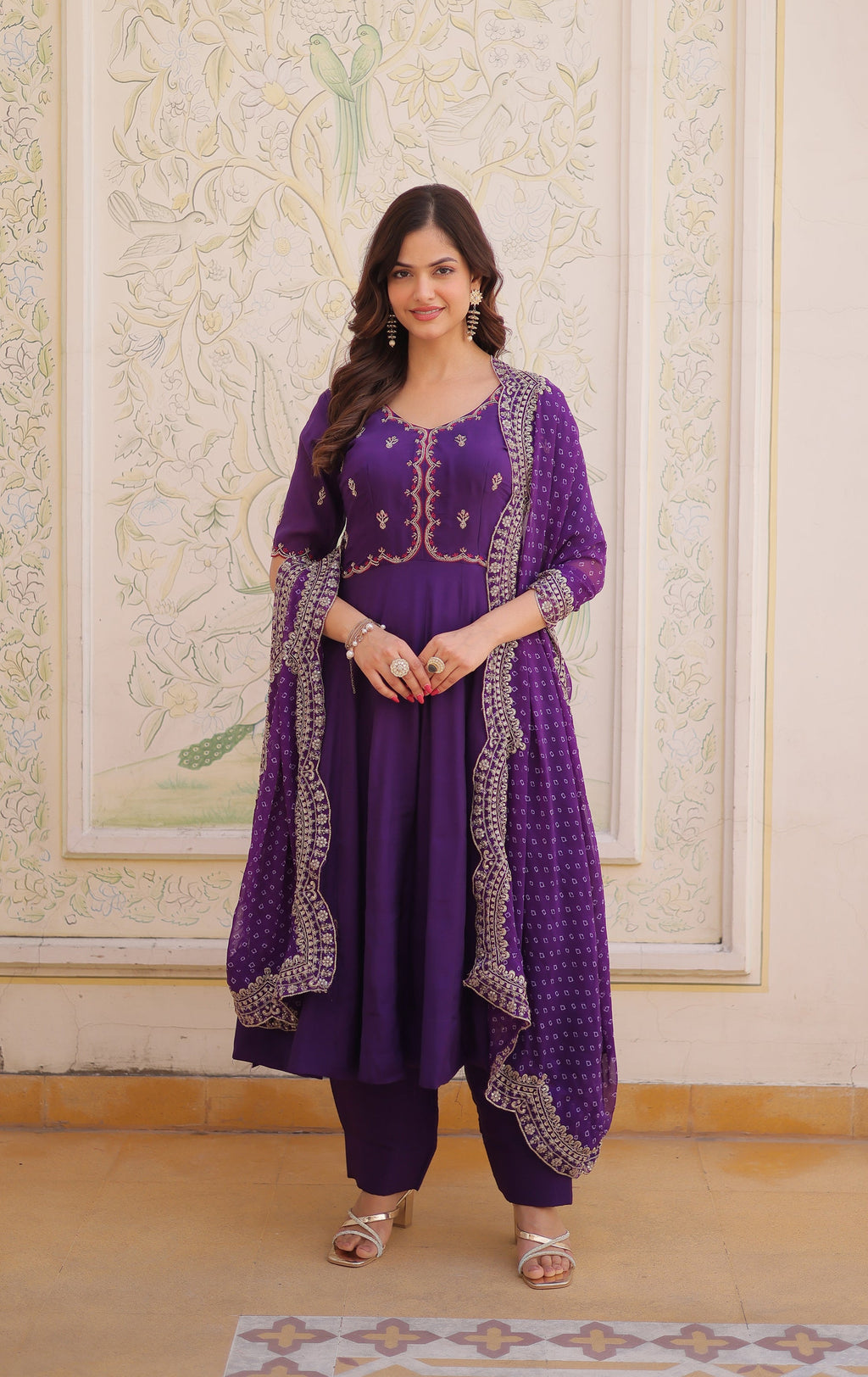Lorenvalley Fashion Purple Mul Chanderi with Beads Thread Embroidered work Kurta Pant with Dupatta | Grocsy