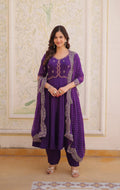 Lorenvalley Fashion Purple Mul Chanderi with Beads Thread Embroidered work Kurta Pant with Dupatta | Grocsy