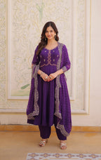 Lorenvalley Fashion Purple Mul Chanderi with Beads Thread Embroidered work Kurta Pant with Dupatta | Grocsy