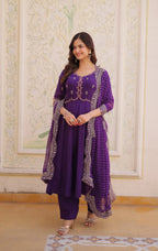 Lorenvalley Fashion Purple Mul Chanderi with Beads Thread Embroidered work Kurta Pant with Dupatta | Grocsy