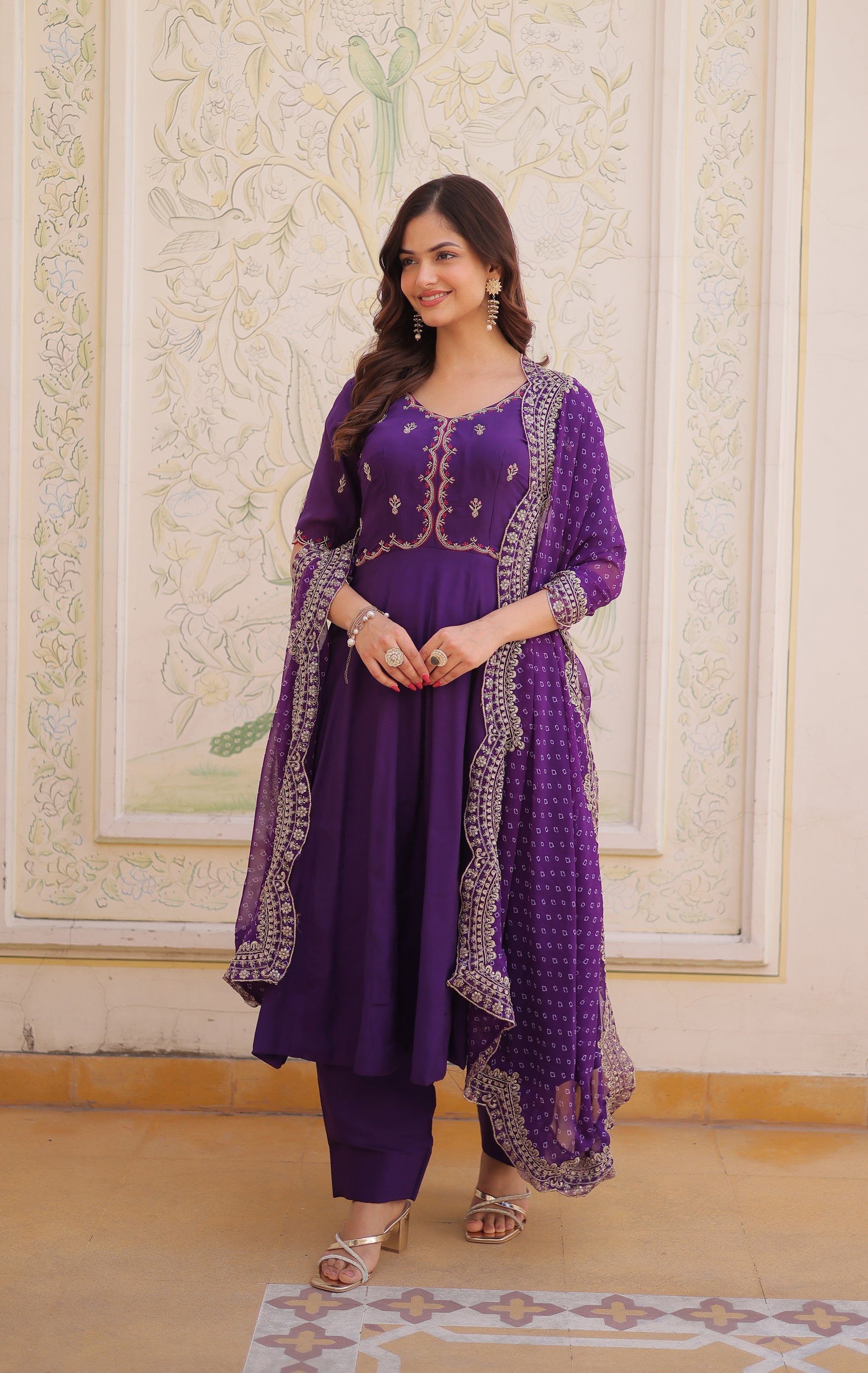 Lorenvalley Fashion Purple Mul Chanderi with Beads Thread Embroidered work Kurta Pant with Dupatta | Grocsy