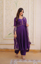 Lorenvalley Fashion Purple Mul Chanderi with Beads Thread Embroidered work Kurta Pant with Dupatta | Grocsy