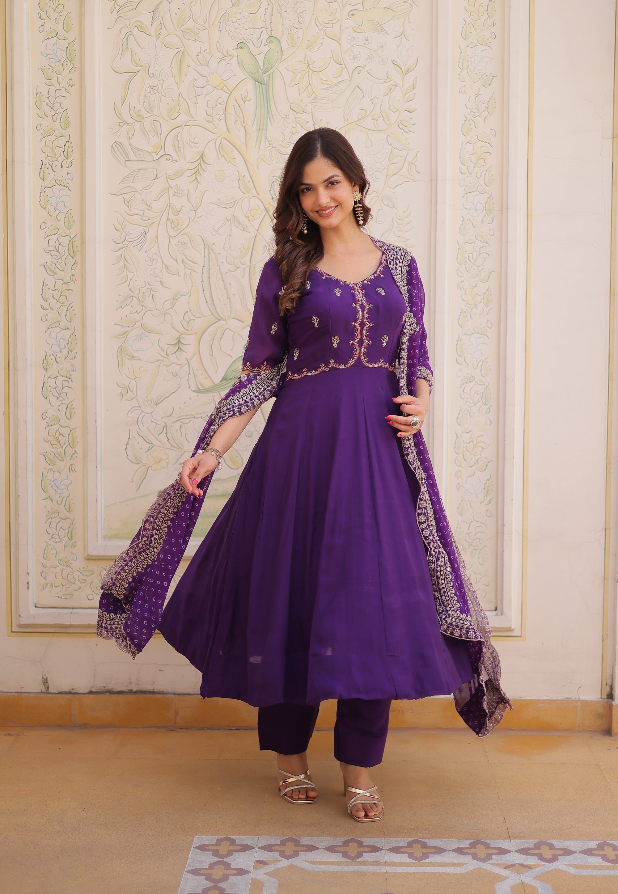 Lorenvalley Fashion Purple Mul Chanderi with Beads Thread Embroidered work Kurta Pant with Dupatta | Grocsy