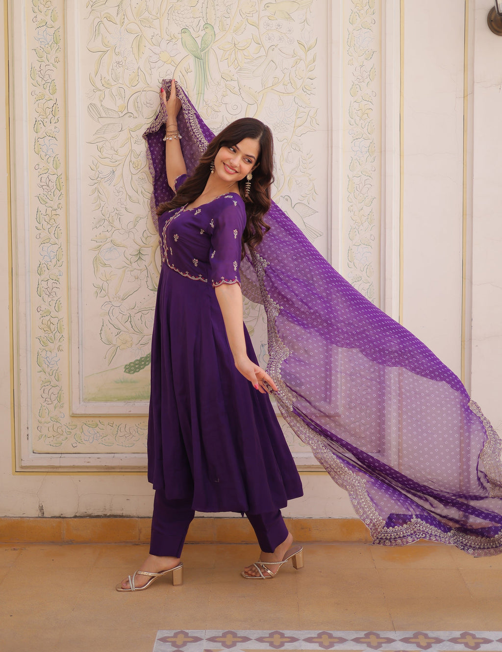 Lorenvalley Fashion Purple Mul Chanderi with Beads Thread Embroidered work Kurta Pant with Dupatta | Grocsy