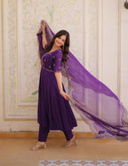 Lorenvalley Fashion Purple Mul Chanderi with Beads Thread Embroidered work Kurta Pant with Dupatta | Grocsy