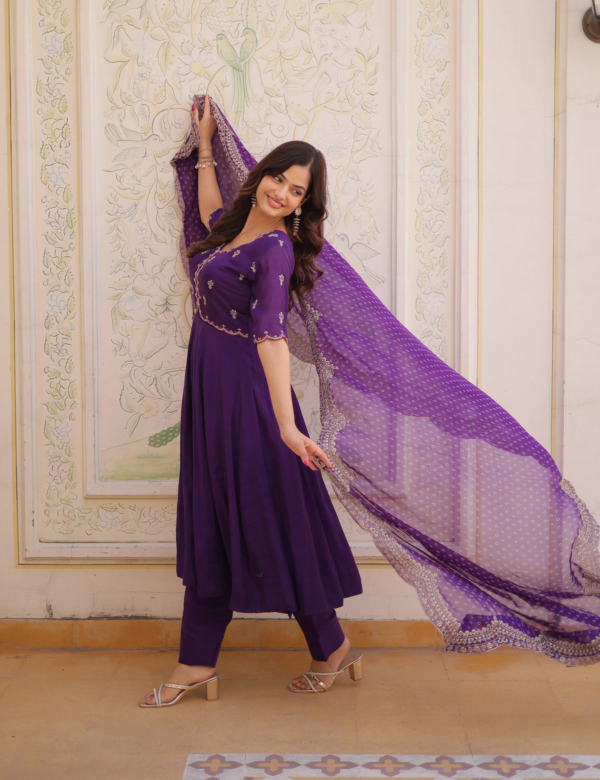 Lorenvalley Fashion Purple Mul Chanderi with Beads Thread Embroidered work Kurta Pant with Dupatta | Grocsy