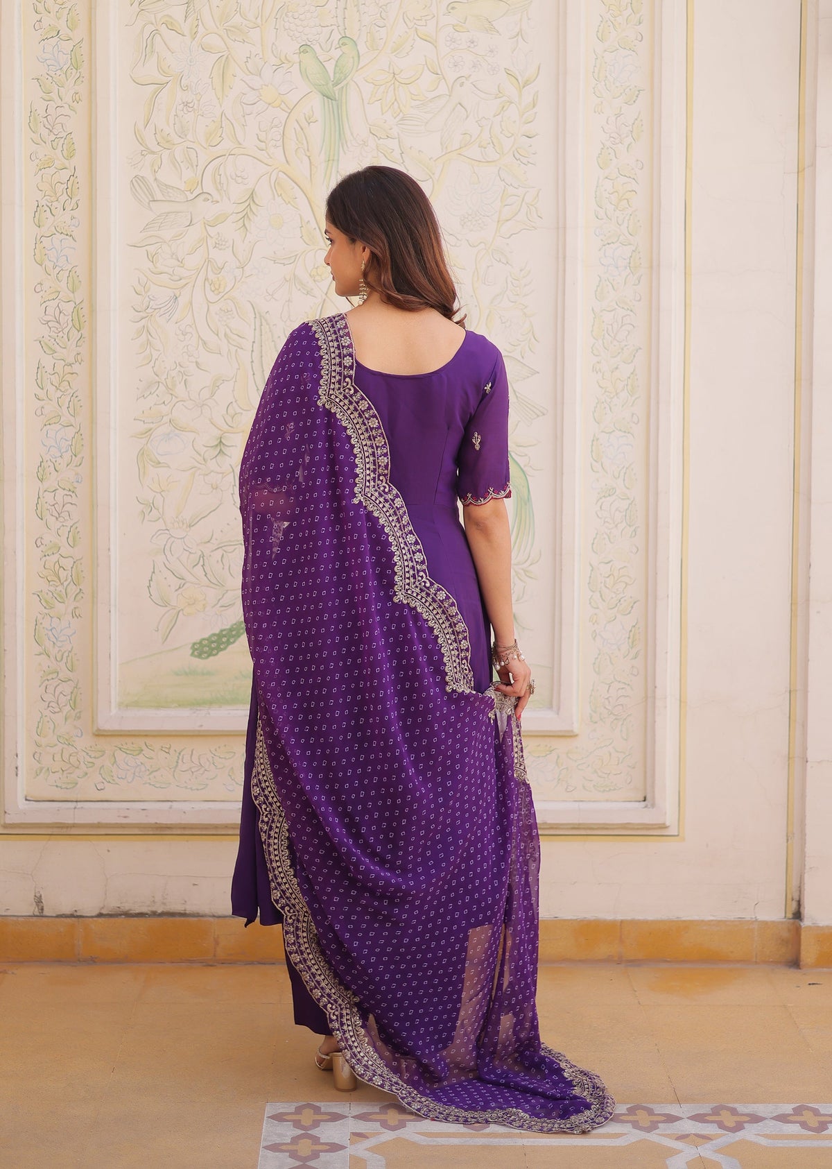 Lorenvalley Fashion Purple Mul Chanderi with Beads Thread Embroidered work Kurta Pant with Dupatta | Grocsy