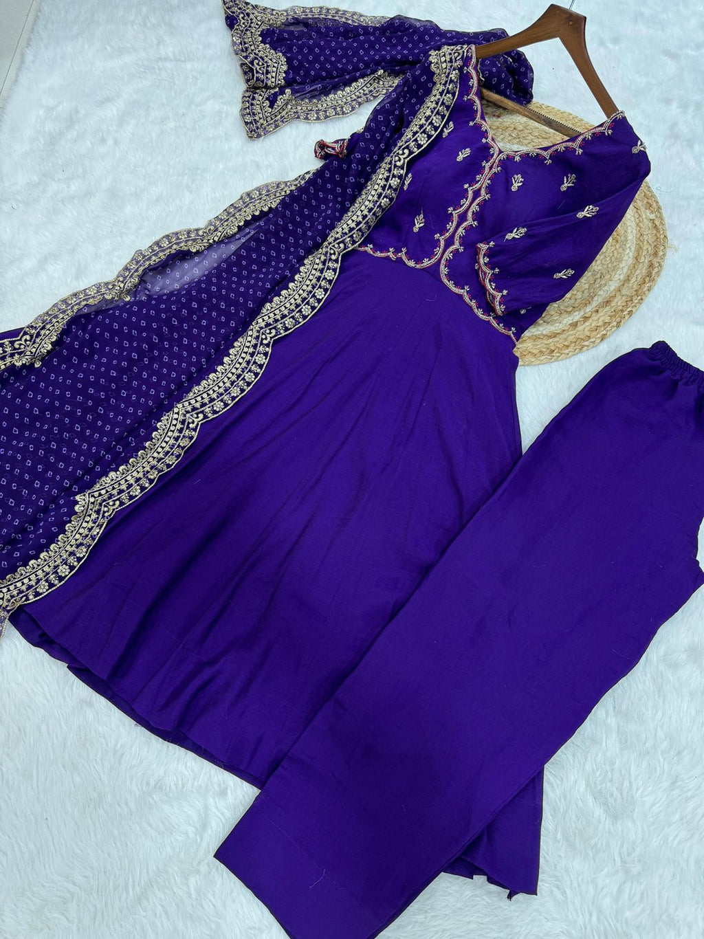 Lorenvalley Fashion Purple Mul Chanderi with Beads Thread Embroidered work Kurta Pant with Dupatta | Grocsy