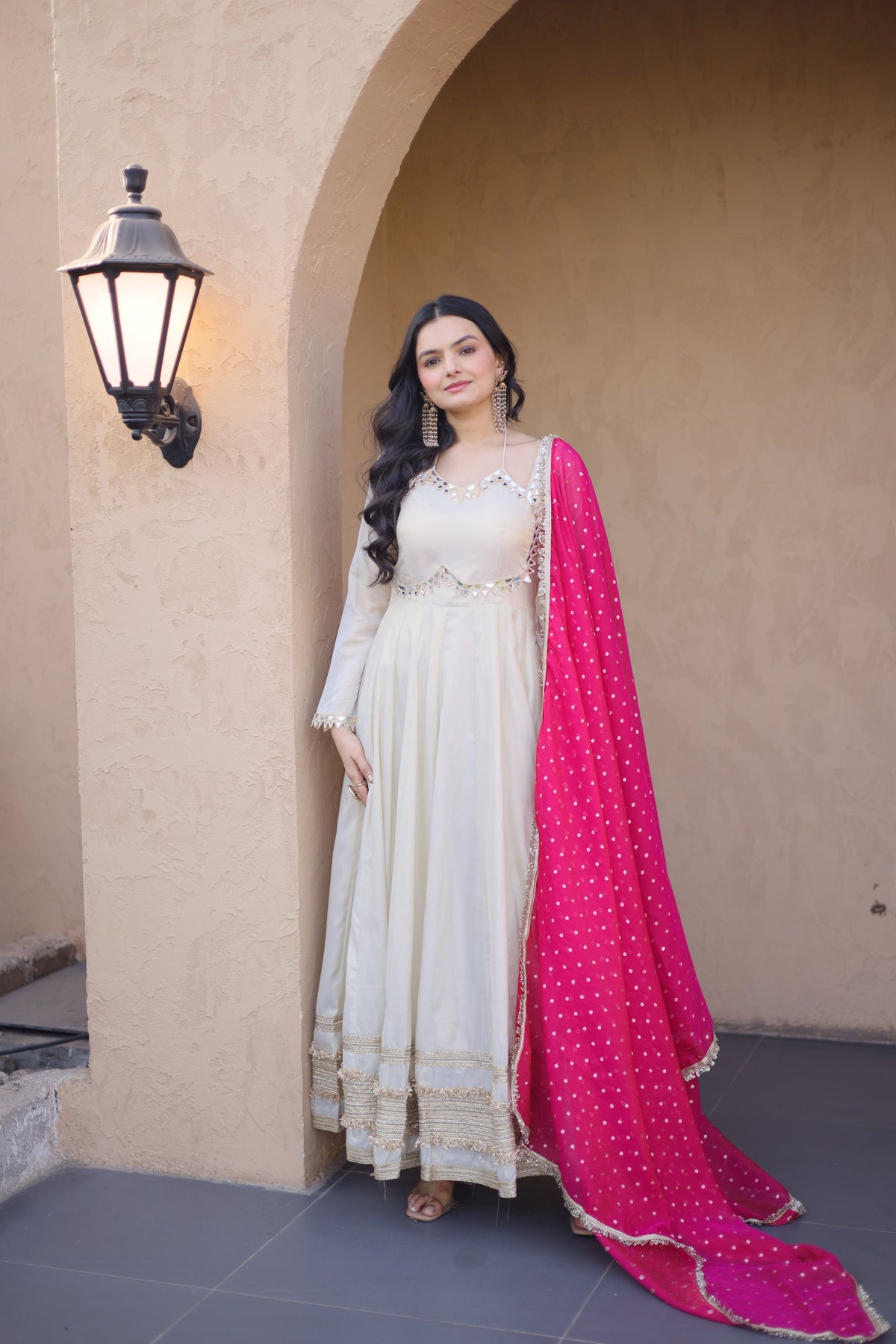 Lorenvalley Fashion Cream Cosmos with Real Mirror with Zari Embroidered lace work Gown with Dupatta | Grocsy