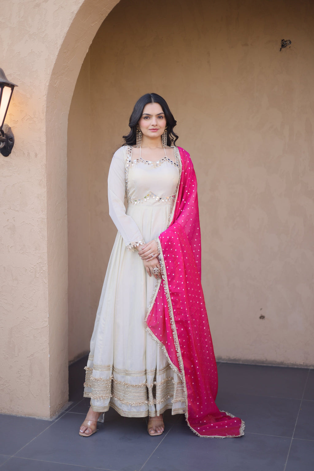 Lorenvalley Fashion Cream Cosmos with Real Mirror with Zari Embroidered lace work Gown with Dupatta | Grocsy