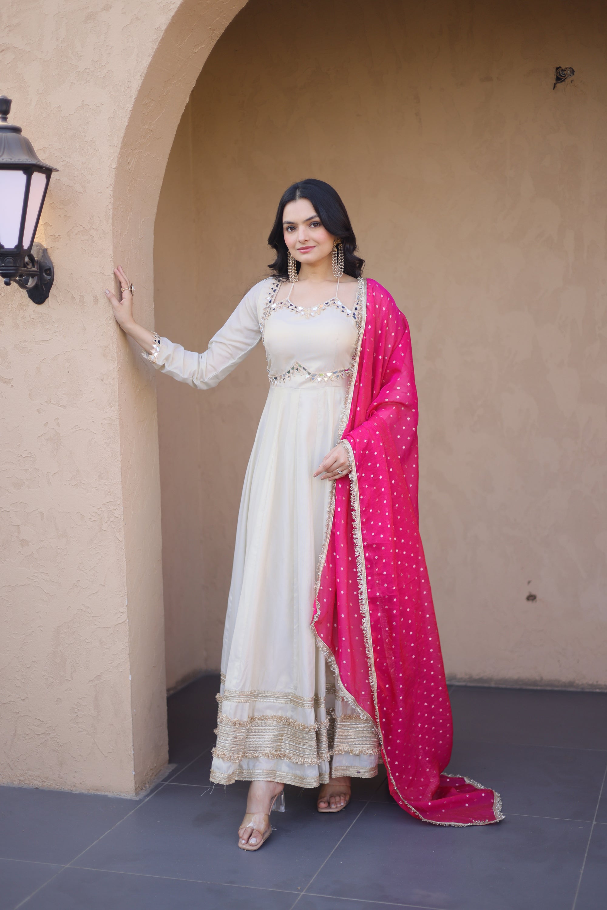Lorenvalley Fashion Cream Cosmos with Real Mirror with Zari Embroidered lace work Gown with Dupatta | Grocsy