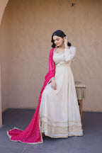 Lorenvalley Fashion Cream Cosmos with Real Mirror with Zari Embroidered lace work Gown with Dupatta | Grocsy