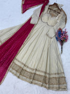 Lorenvalley Fashion Cream Cosmos with Real Mirror with Zari Embroidered lace work Gown with Dupatta | Grocsy