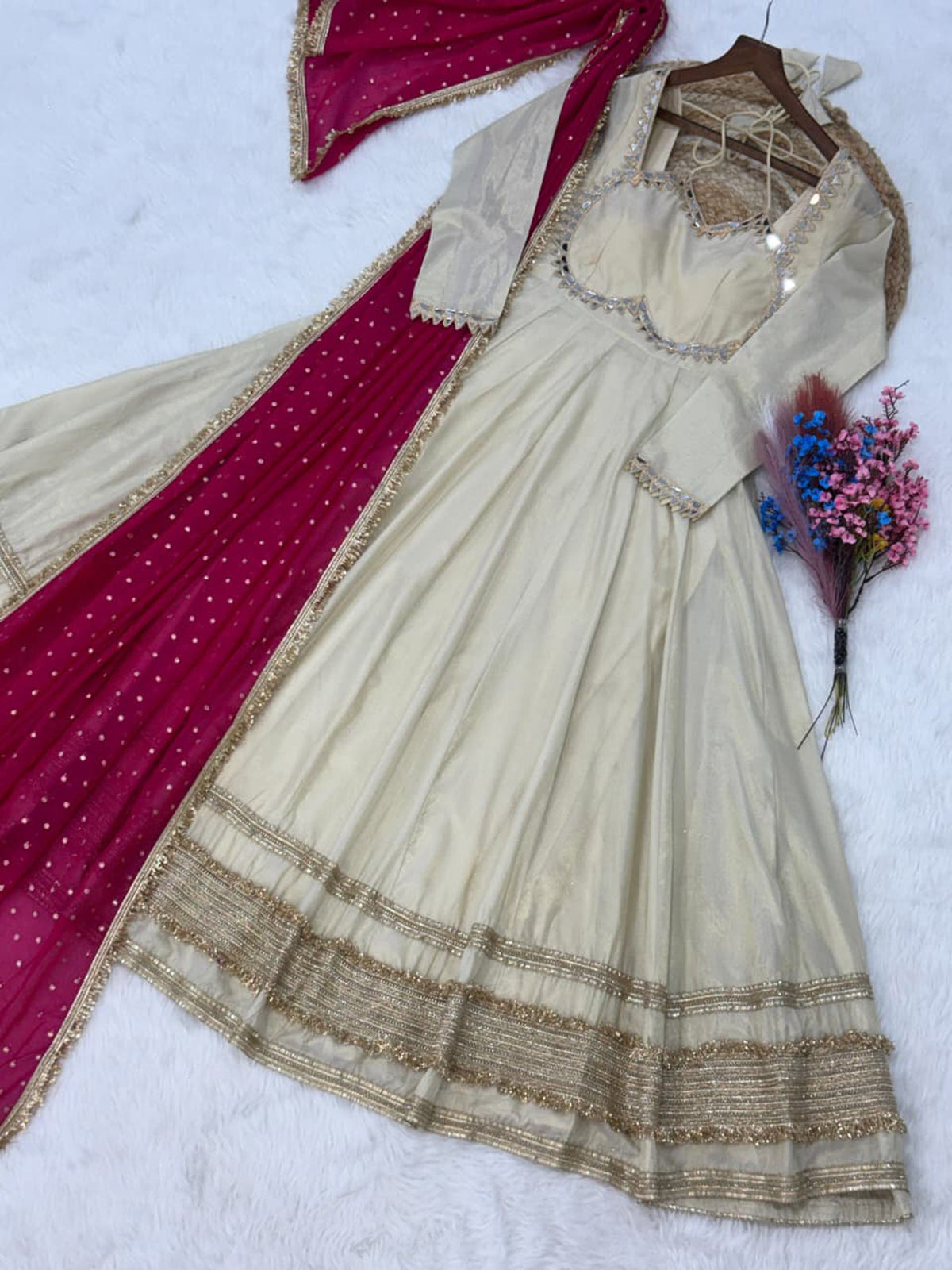 Lorenvalley Fashion Cream Cosmos with Real Mirror with Zari Embroidered lace work Gown with Dupatta | Grocsy