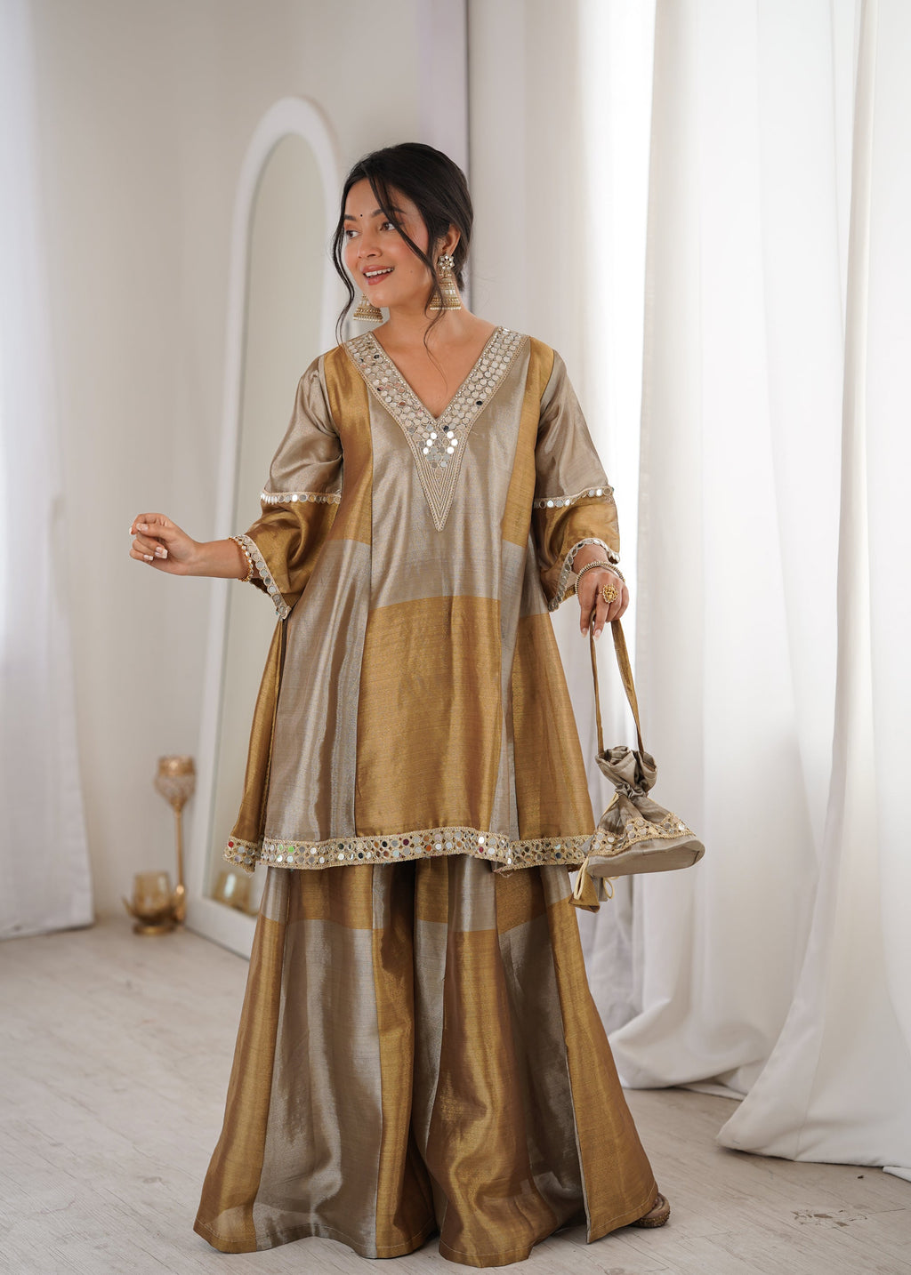 Lorenvalley Fashion Two-tone Tissue Fabric with Coding Embroidered & mirror work Lace Kurta Palazzo with Batwa | Grocsy