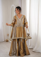 Lorenvalley Fashion Two-tone Tissue Fabric with Coding Embroidered & mirror work Lace Kurta Palazzo with Batwa | Grocsy