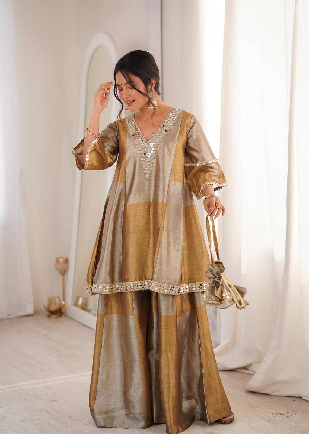 Lorenvalley Fashion Two-tone Tissue Fabric with Coding Embroidered & mirror work Lace Kurta Palazzo with Batwa | Grocsy