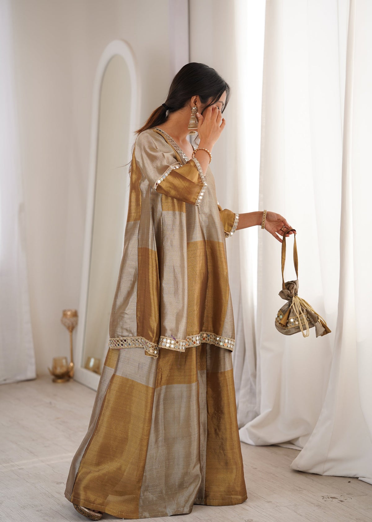 Lorenvalley Fashion Two-tone Tissue Fabric with Coding Embroidered & mirror work Lace Kurta Palazzo with Batwa | Grocsy