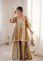 Lorenvalley Fashion Two-tone Tissue Fabric with Coding Embroidered & mirror work Lace Kurta Palazzo with Batwa | Grocsy
