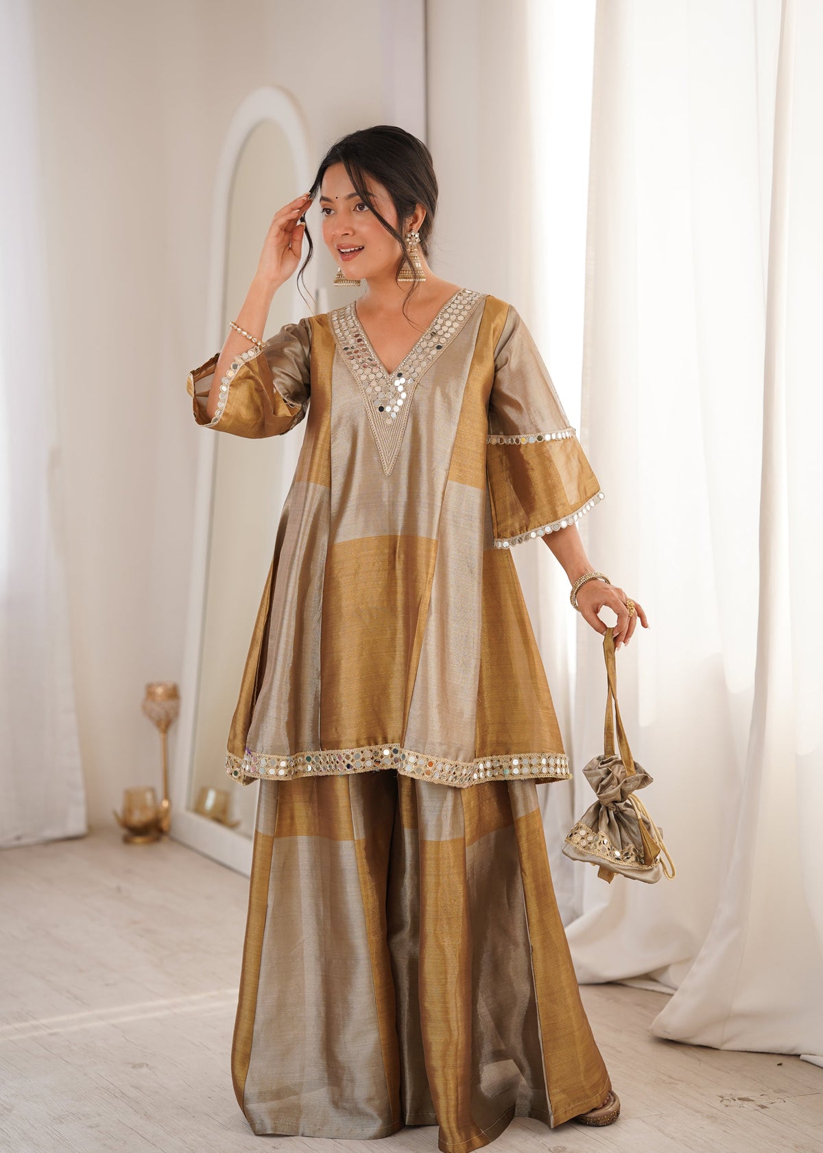 Lorenvalley Fashion Two-tone Tissue Fabric with Coding Embroidered & mirror work Lace Kurta Palazzo with Batwa | Grocsy