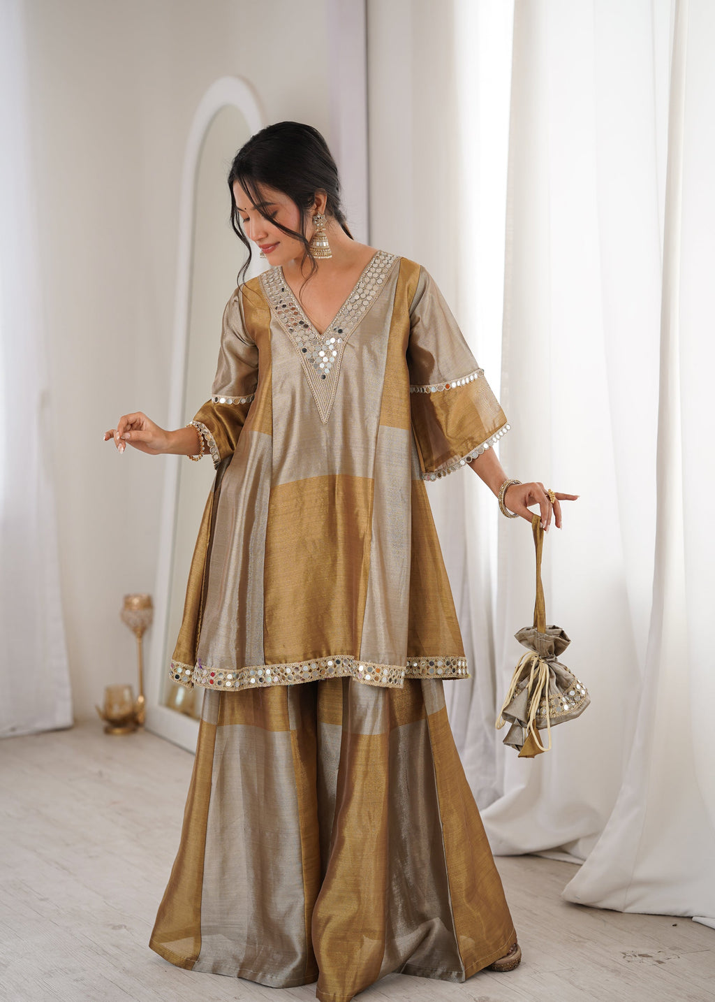 Lorenvalley Fashion Two-tone Tissue Fabric with Coding Embroidered & mirror work Lace Kurta Palazzo with Batwa | Grocsy