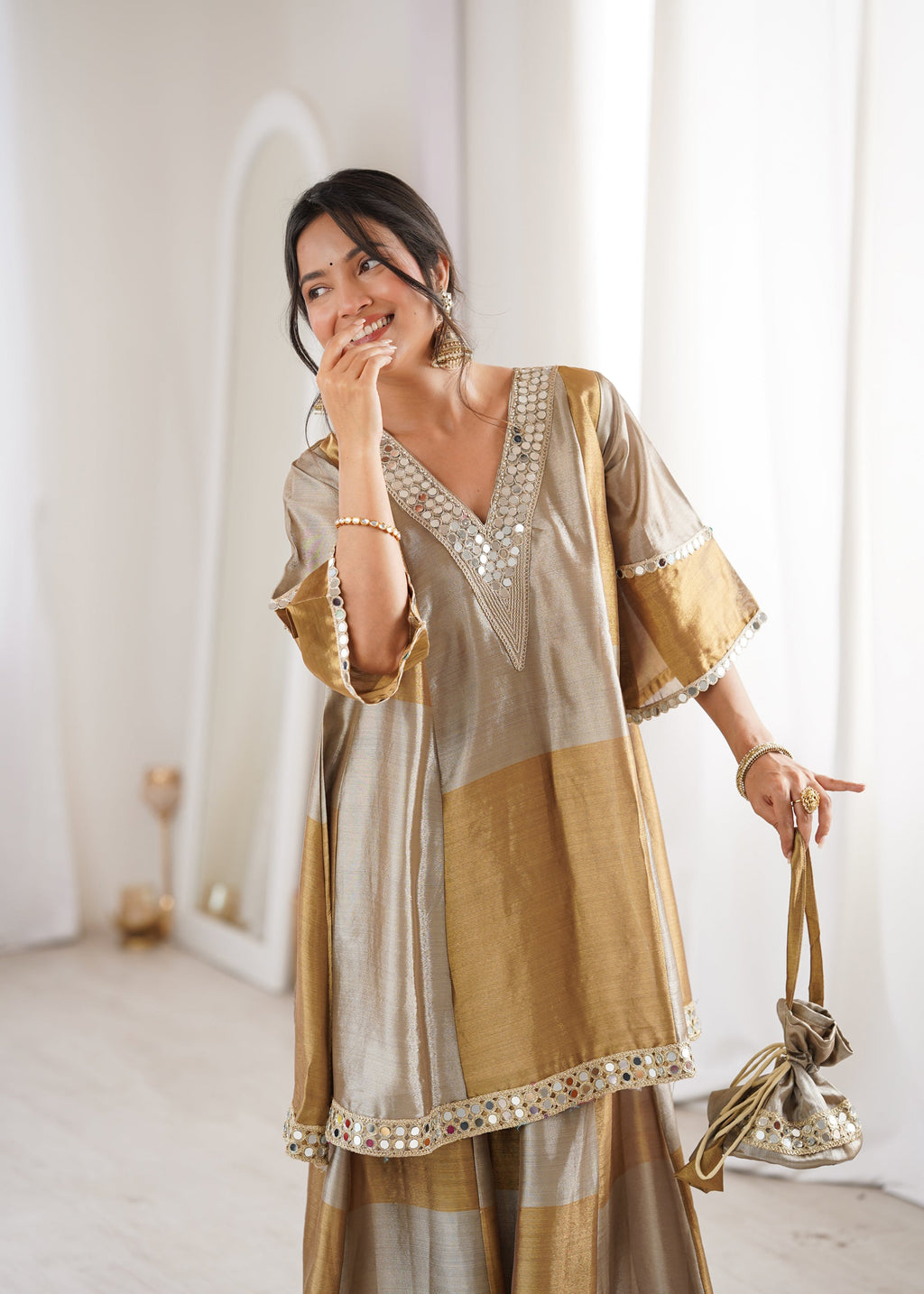 Lorenvalley Fashion Two-tone Tissue Fabric with Coding Embroidered & mirror work Lace Kurta Palazzo with Batwa | Grocsy