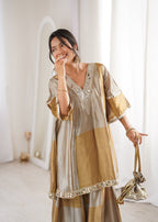 Lorenvalley Fashion Two-tone Tissue Fabric with Coding Embroidered & mirror work Lace Kurta Palazzo with Batwa | Grocsy