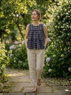 Lorenvalley Fashion Blue Checks Linen Cotton Top Bottom Set | Grocsy