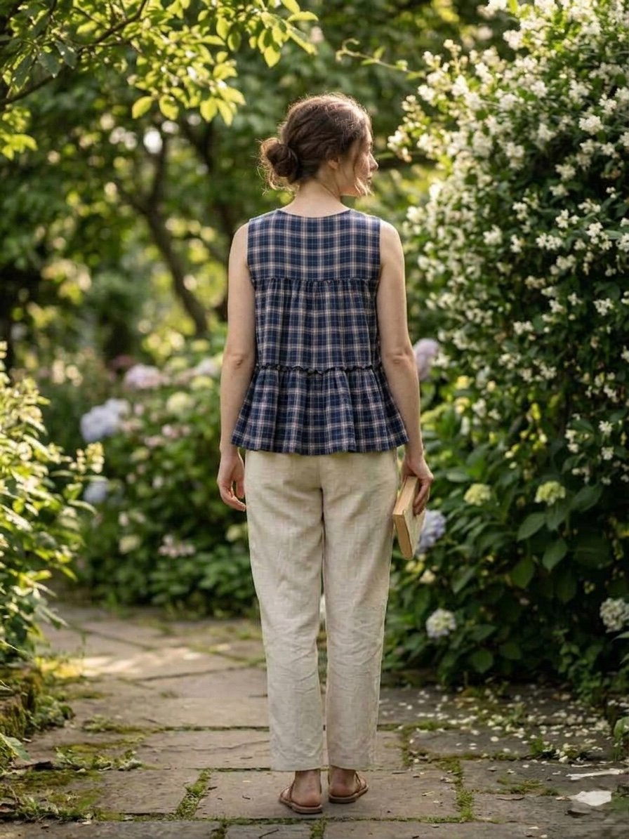 Lorenvalley Fashion Blue Checks Linen Cotton Top Bottom Set | Grocsy