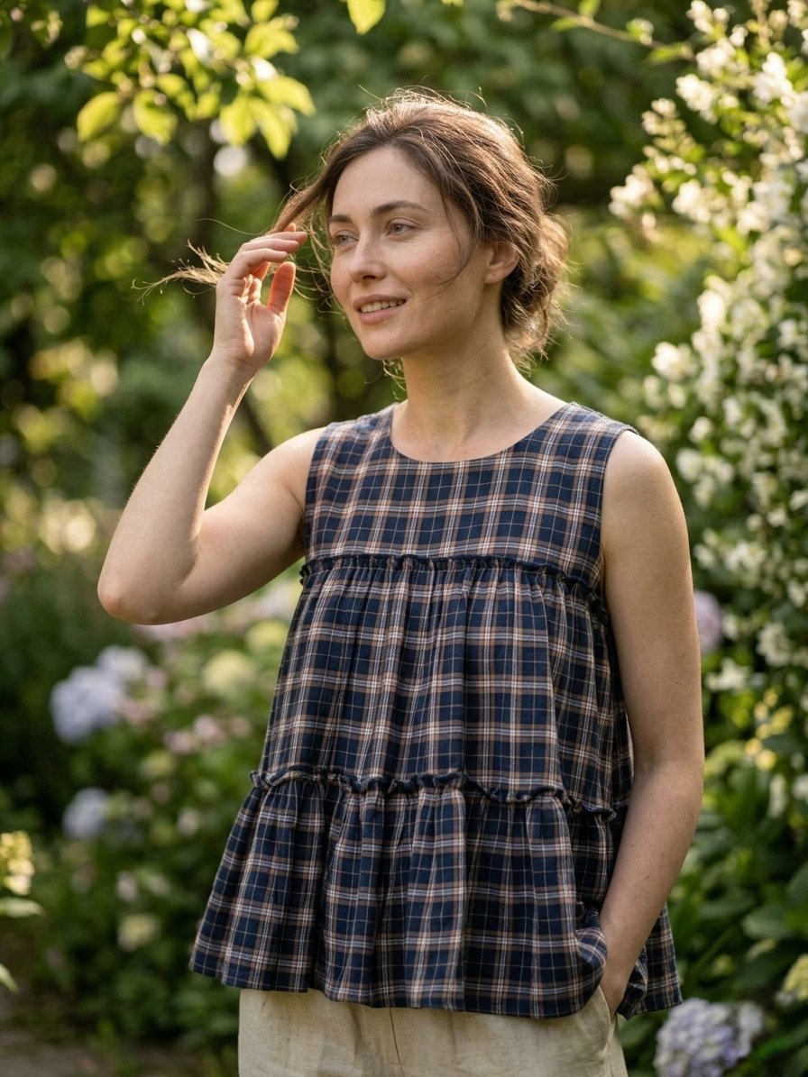 Lorenvalley Fashion Blue Checks Linen Cotton Top Bottom Set | Grocsy