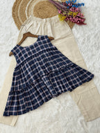 Lorenvalley Fashion Blue Checks Linen Cotton Top Bottom Set | Grocsy