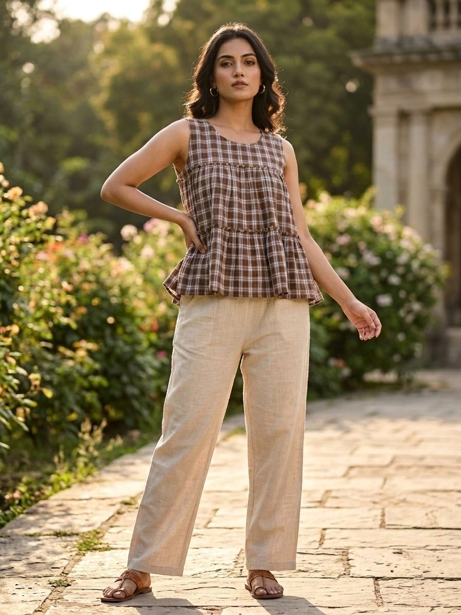 Lorenvalley Fashion Coffee Checks Linen Cotton Top Bottom Set | Grocsy