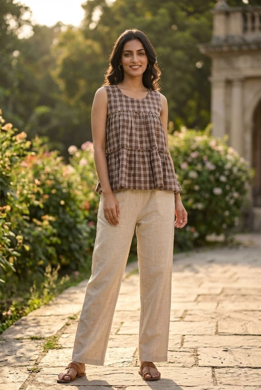 Lorenvalley Fashion Coffee Checks Linen Cotton Top Bottom Set | Grocsy