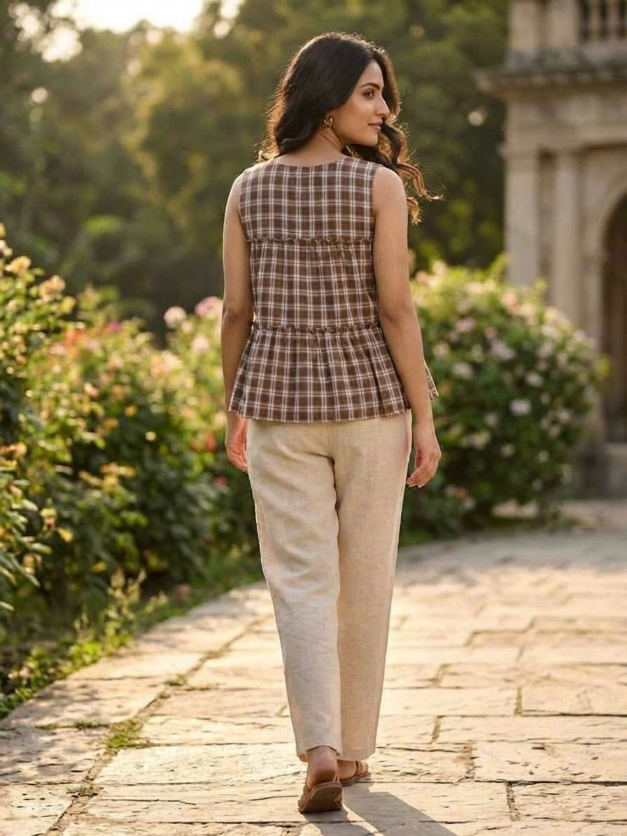 Lorenvalley Fashion Coffee Checks Linen Cotton Top Bottom Set | Grocsy