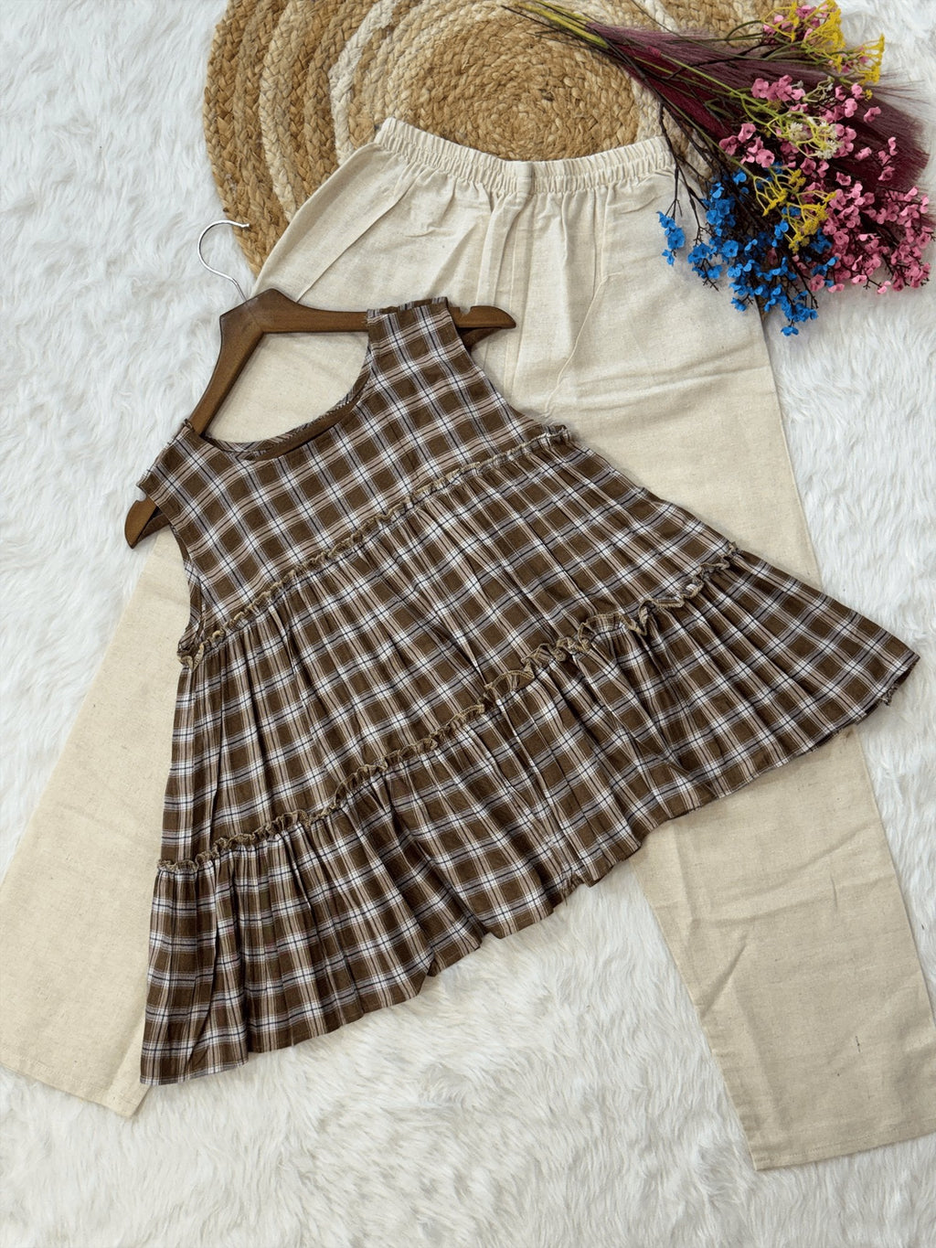 Lorenvalley Fashion Coffee Checks Linen Cotton Top Bottom Set | Grocsy