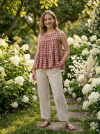 Lorenvalley Fashion Maroon Checks Linen Cotton Top Bottom Set | Grocsy