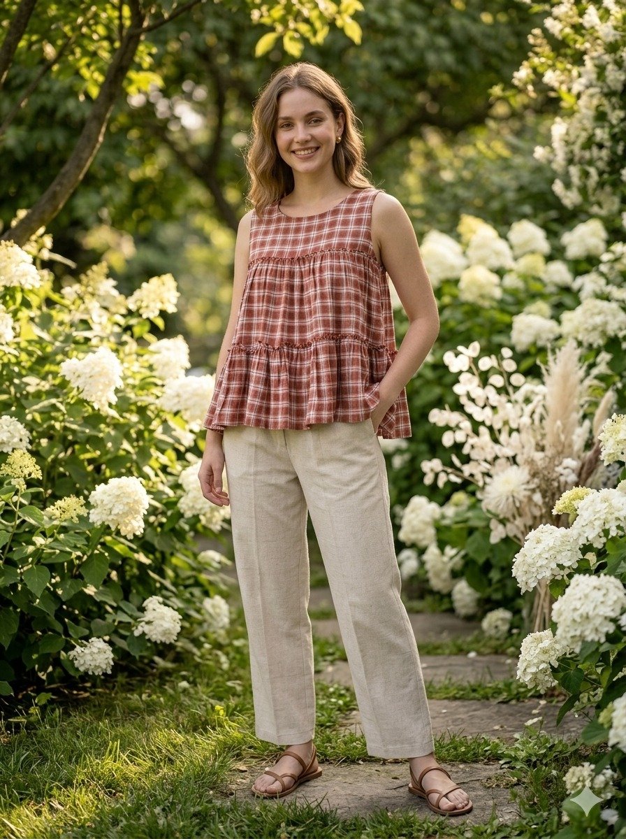 Lorenvalley Fashion Maroon Checks Linen Cotton Top Bottom Set | Grocsy