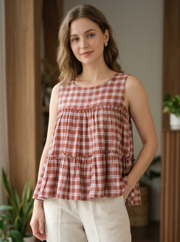 Lorenvalley Fashion Maroon Checks Linen Cotton Top Bottom Set | Grocsy