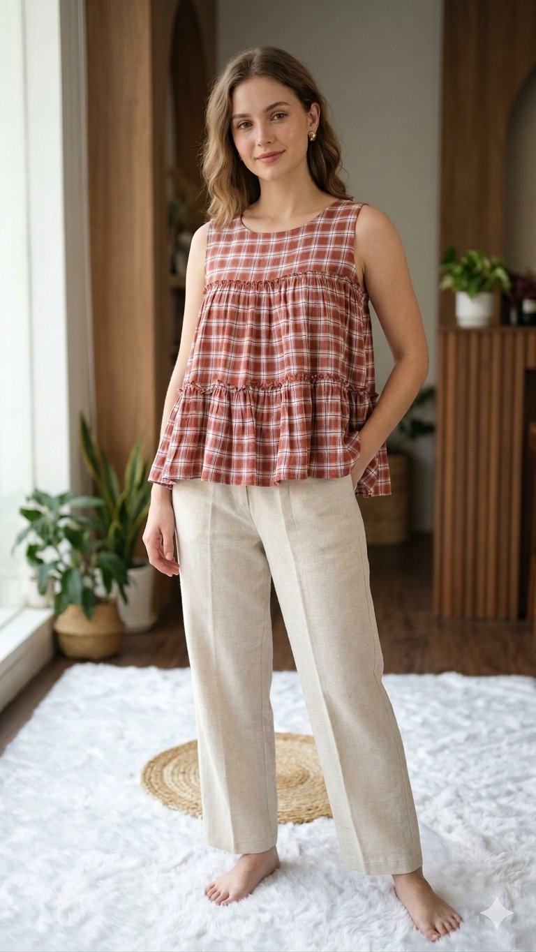 Lorenvalley Fashion Maroon Checks Linen Cotton Top Bottom Set | Grocsy