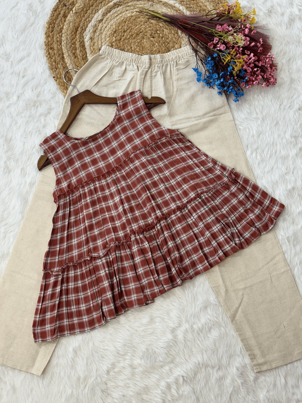 Lorenvalley Fashion Maroon Checks Linen Cotton Top Bottom Set | Grocsy