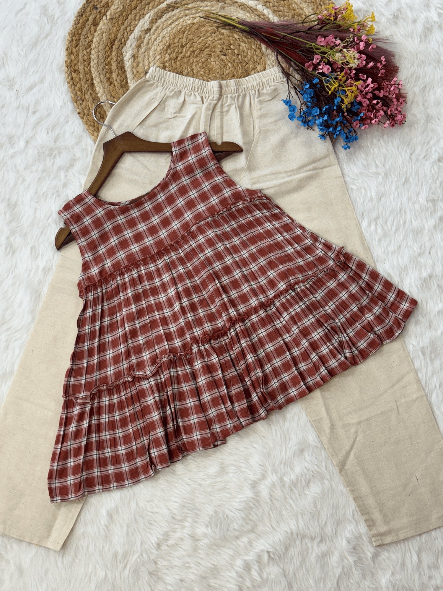 Lorenvalley Fashion Maroon Checks Linen Cotton Top Bottom Set | Grocsy
