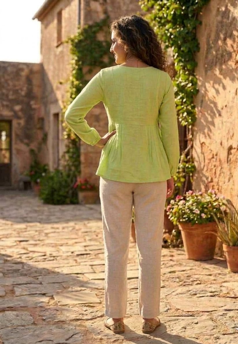 Lorenvalley Fashion Parrotgreen Linen Cotton Top Bottom Set | Grocsy