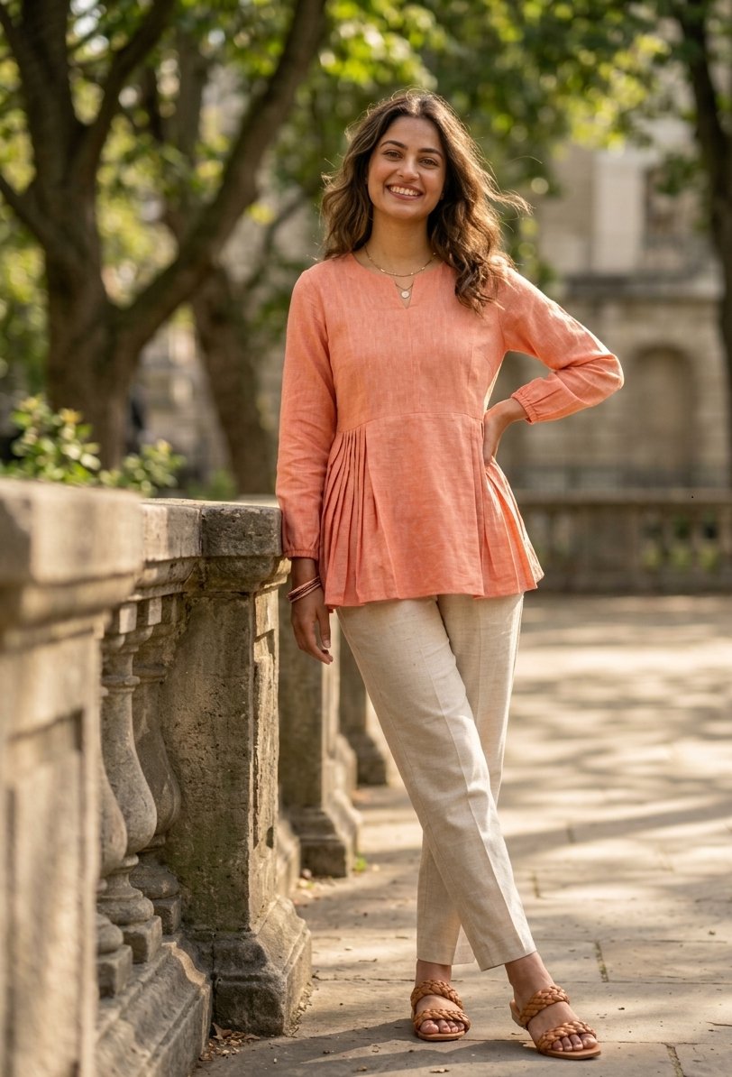 Lorenvalley Fashion Peach Linen Cotton Top Bottom Set | Grocsy
