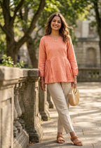 Lorenvalley Fashion Peach Linen Cotton Top Bottom Set | Grocsy