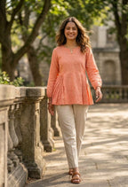 Lorenvalley Fashion Peach Linen Cotton Top Bottom Set | Grocsy