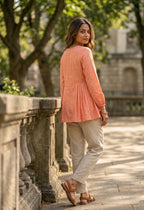 Lorenvalley Fashion Peach Linen Cotton Top Bottom Set | Grocsy