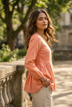 Lorenvalley Fashion Peach Linen Cotton Top Bottom Set | Grocsy