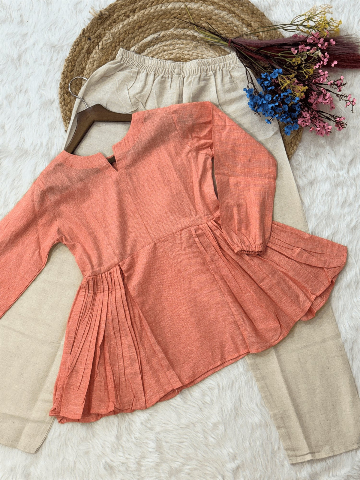 Lorenvalley Fashion Peach Linen Cotton Top Bottom Set | Grocsy