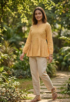 Lorenvalley Fashion Yellow Linen Cotton Top Bottom Set | Grocsy